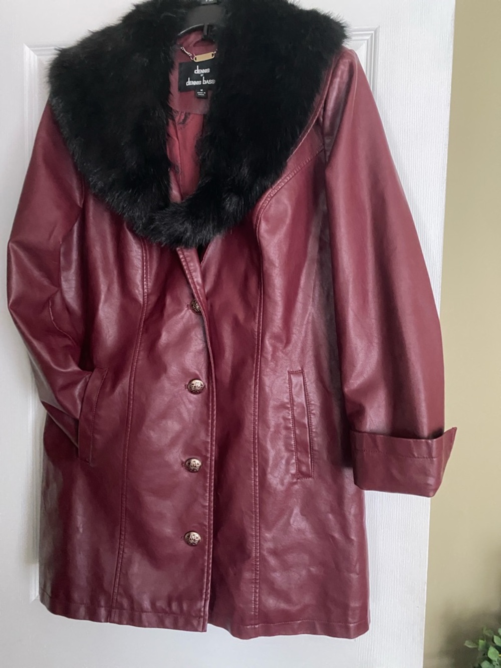dennis basso Wine Faux Leather Coat with removable Black Faux Fur Collar
Lined